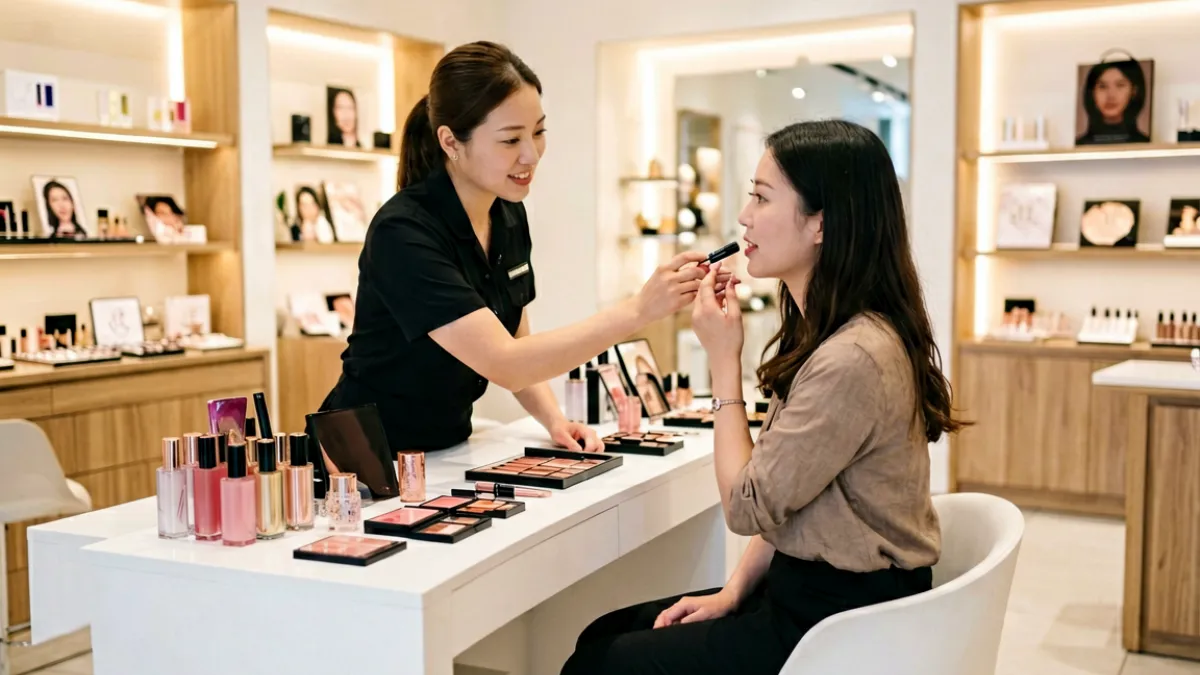 YSL上海快闪体验店内彩妆师为顾客演示蜜桃色7474试涂的现场场景